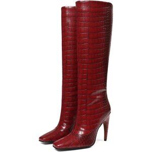 🆕Women's Red Knee High Boots Wide Calf Long Suede Square Toe Heel Tall Boots